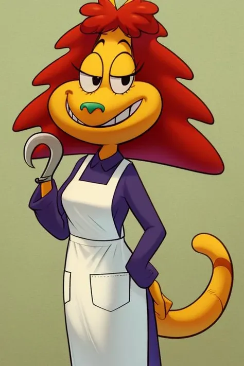 hutchison,solo, red hair, yellow skin, animal nose, black eyes, smile, animale ears, tail above buttocks, right sickle hand, furry, standing, upper body,
long sleeves, dress, apron, shoes,
cartoon, doctors office,
(insanely detailed, beautiful detailed face, masterpiece, best quality) <lora:hutchison:0.8>