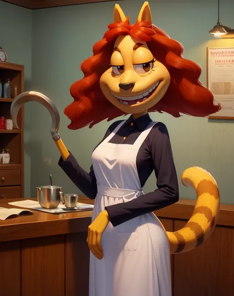 hutchison,solo,red hair,yellow skin,animal nose,black eyes,smile,animal ears,tail above buttocks,right hand is a sickle,
long sleeves,dress,apron,shoes,
standing,upper body,
doctors office,
(insanely detailed, beautiful detailed face, masterpiece, best quality),<lora:hutchison-10RML:0.8>,