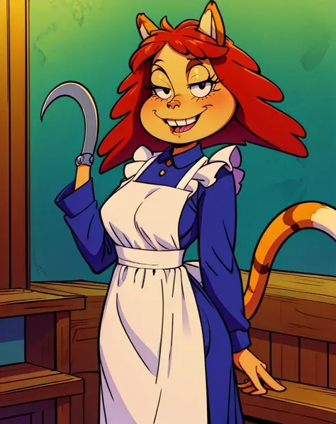 hutchison,solo,red hair,yellow skin,animal nose,black eyes,smile,animal ears,tail above buttocks,right hand is  a sickle,
long sleeves,dress,apron,shoes,
standing,upper body,
doctors office,
(insanely detailed, beautiful detailed face, masterpiece, best quality),<lora:hutchison-10RML:0.8>,