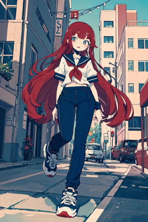 Original Character, Volumetric Lighting, Best Shadows, Shallow Depth of Field, Portrait Of Stunningly Beautiful Girl, Petite, Delicate Beautiful Attractive Face With Alluring Eyes, 
<lora:keke-strong:0.9>, 
 school uniform, red bow on chest, pants, (sneakers), seifuku, outside, (many kinds of pots), modern exterior, city, the exterior of a modern building, tree, street, cars, 
white pantyhose, 
(scenery, detailed scenery),  
 , 
dynamic pose, 
close up, 
from below, 
looking at viewer, 
shoujo, 
delicate tiny breasts, 
 easygoing face, 
cyan eye, 
drooling, 
[purple hair|red hair], 
absurdly long hair, 
curly hair, 
oily skin, greasy skin, 
(Highest Quality, Amazing Details:1.25), Brilliant Colorful Paintings