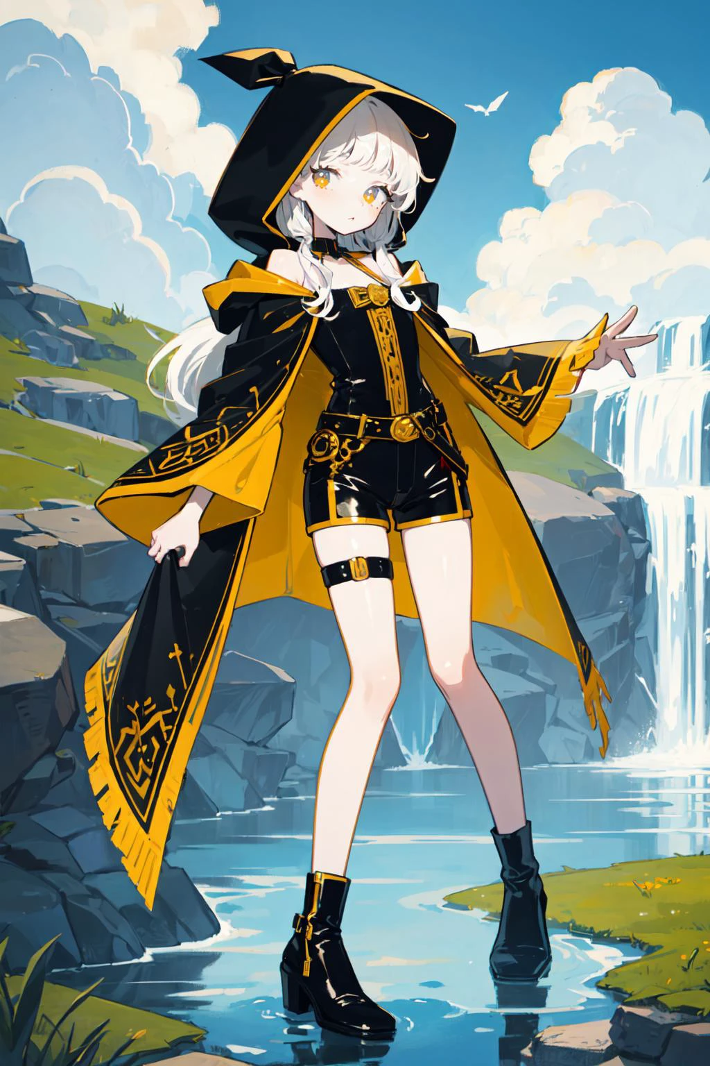 (best quality:1.2), oversized hood, hooded cloak, hood up, (a black cloak decorated with gold, golden ornament:1.2), (white hair), long hair, yellow eyes, black_tank_top, black shorts, black shoes, thigh strap, solo, eyelashes, eyeliner, (flat chest:1.2), (lustrous skin, glossy skin), (Gold Embroidery, intricate detail:1.1), (rocky mountain:1.2), rock, (cloud:1.2), (waterfall:1.2), <lora:Toru8pKekeArtstyle_kekeStrongV2:0.8>