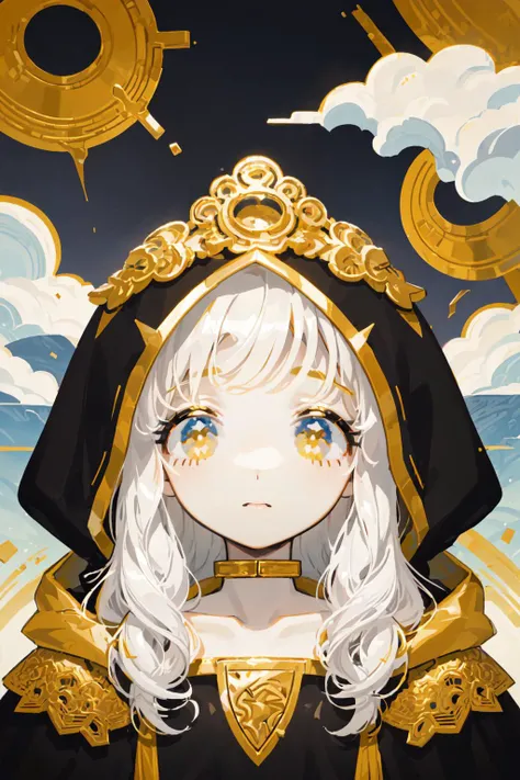 (best quality:1.2), oversized hood, hooded cloak, hood up, (a black cloak decorated with gold, golden ornament:1.2), (white hair), long hair, yellow eyes, black_tank_top, solo, eyelashes, eyeliner, (flat chest:1.2), (lustrous skin, glossy skin), (Gold Embroidery, intricate detail:1.1), (rocky mountain:1.2), rock, (cloud:1.2), (waterfall:1.2), <lora:Toru8pKekeArtstyle_kekeStrongV2:0.8>, (portrait:1.2),