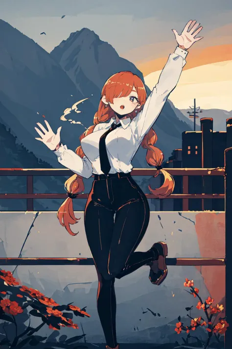 Original Character, Volumetric Lighting, Best Shadows, Shallow Depth of Field, Portrait Of Stunningly Beautiful Girl, Petite, Delicate Beautiful Attractive Face With Alluring Eyes, 
<lora:keke-strong:0.9>, 
 white collared shirt, black pants, black necktie, open shoulder shirt, dark office,night, 
white stocking, 
(scenery, detailed scenery),  
 , 
 (Standing On One Leg:1.15), (Hands Up, Waving Hands:1.2), 
full body, 
dynamic angle,  
looking outside, 
(milf, mature), curvy, 
lovely huge breasts, 
black eye, 
steaming, 
[orange hair|grey hair], 
absurdly long hair, 
hair over eyes, 
cornrows, 
(Highest Quality, Amazing Details:1.25), Brilliant Colorful Paintings