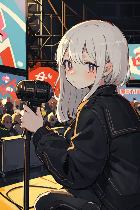 Original Character, Volumetric Lighting, Best Shadows, Shallow Depth of Field, Portrait Of Stunningly Beautiful Girl, Petite, Delicate Beautiful Attractive Face With Alluring Eyes, 
<lora:keke-strong:0.9>, 
 black jeans, shirt, jacket, (Idol:1.2), (singer:1.2), concert, (concert hall, stage), crowd, highlights, 
(scenery, detailed scenery),  
 , 
 squatting, 
upper body, 
sideview, 
looking back, 
shoujo, 
delicate tiny breasts, 
 embarrassed face, 
crimson eye, 
[white hair|crimson hair], 
asymmetrical bangs, 
hair between eyes, 
chubby, fat, fatty, 
(Highest Quality, Amazing Details:1.25), Brilliant Colorful Paintings