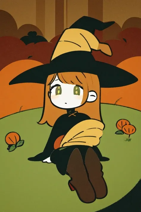 1girl, forest, witch hat, autumn, flat color, leaves, calm face, witch robe, sitting, trees, grass, detailed face