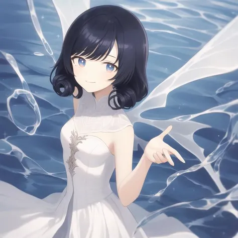 <lora:keke-weak:1>, Masterpiece, best quality, perfect eyes, detailed eyes, (style of final fantasy:1.4), SFW, 1girl, solo focus, from front, butterfly wings, inside an aquatic wonderland, smirk, very narrowed eyes, (smug smile:1.1), fairy girl, sparkle, magic, aura, (adult, mature woman, medium breasts:1.2), (white silk dress:1.2), (blue eyes, short curly hair, dark blue hair:1.1)