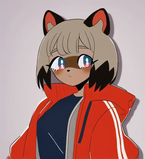 <lora:keke-strong:1> ,    <lora:michiruLora_v2n:0.7> furry raccoon, 1girl, solo, raccoon ears, two-tone hair, (high quality), high res, detailed eyes, detailed shadows, red jacket,  muted color,  dark-skinned female,