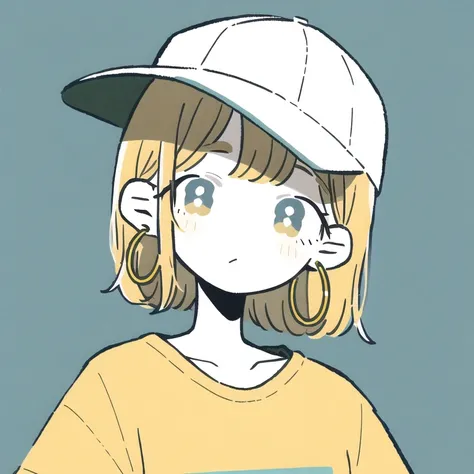 <lora:keke-strong:1>, masterpiece, best quality, 1girl, aqua eyes, baseball cap, blonde hair, closed mouth, earrings, green background, hat, hoop earrings, jewelry, looking at viewer, shirt, short hair, simple background, solo, upper body, yellow shirt