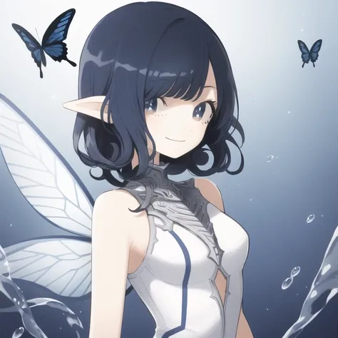 <lora:keke-strong:1>, Masterpiece, best quality, perfect eyes, detailed eyes, (style of final fantasy:1.4), SFW, 1girl, solo focus, from front, butterfly wings, inside an aquatic wonderland, smirk, very narrowed eyes, (smug smile:1.1), fairy girl, sparkle, magic, aura, (adult, mature woman, medium breasts:1.2), (white silk dress:1.2), (blue eyes, short curly hair, dark blue hair:1.1)