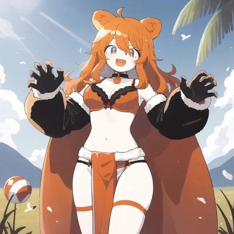 <lora:keke-strong:1>, 1girl, (masterpiece, best quality, perfect eyes, beautiful face and eyes:1.2), sunbeam, god rays, light particles, SFW, 1girl, solo focus, in the grassy sahara, from front, standing, claw pose, gao, fangs, navel, (mature woman:1.3), thick messy hair, frizzy hair, orange hair, hair between eyes, (lion girl:0.7), lion ears, fur-lined bra, (pelvic curtain, fur-lined loincloth:1.2), fur-lined elbow gloves, fur-lined thighhighs, whisker markings, orange choker,