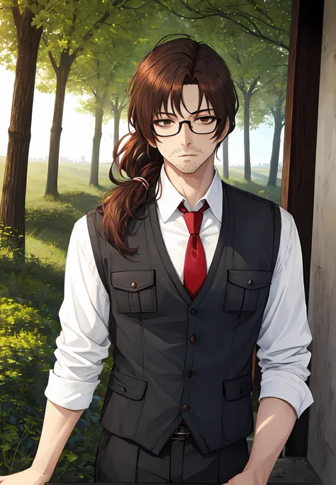 masterpiece, best quality, very aesthetic, ultra detailed, intricate details, 4k, anime style,
gregor, 1boy, solo, long hair, brown hair, brown eyes, ponytail, male focus, glasses, facial hair, stubble, 
shirt, white shirt, necktie, collared shirt, vest, red necktie, black vest,
upper body, looking at viewer, hands in pockets, forest, outdoors, tree, sunlight, cloudy, <lora:Gregor:1>