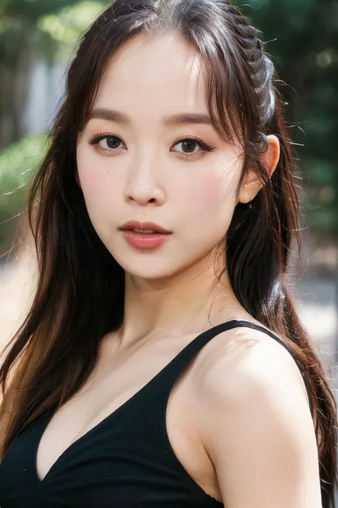 25 years old woman, bokeh, (photorealistic:1.4, realistic), highly detailed CG unified 8K wallpapers, 1girl, ((slender body:1)), looking at viewer, (HQ skin:1.4), 8k uhd, dslr, soft lighting, high quality, film grain, Fujifilm XT3, (((close up shot:1.2))), (((black dress))), (((outdoor, at park))), <lora:secretnumber-dita-V1:0.8>