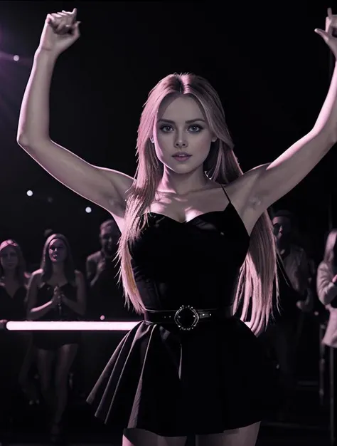 (absurdres, biggest quality, hyper realistic) Photo of GLORIAGUIDA dancing in a nightclub, tone mapping, volumetric lighting, breathtaking, dlsr, studio quality, 4k, 8k, insane detail