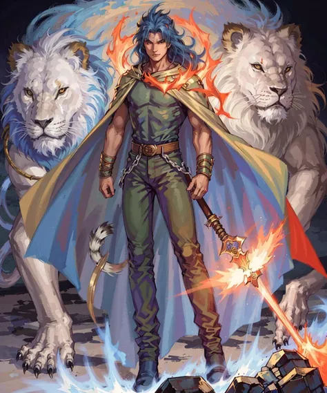 1boy, male focus, solo, cape, ((lion)), blue hair, long hair, fire, white cape,
masterpiece, best quality, 8k
