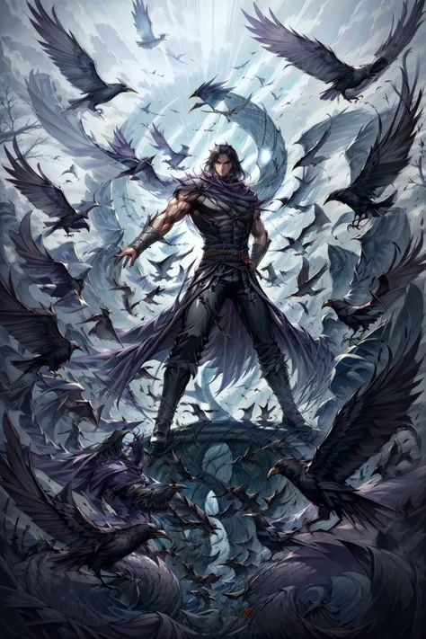 1boy, pectoral focus , solo, purple cape,
fighting_stance ,
black hair, long hair, scarf, nature , snake ,
masterpiece, best quality, 8k, from above , double exposure , perspective ,
<lora:hongkong_comic_style_v1a:0.8> <lora:Concept - Crowmancer:0.8> crowmancer, crow, bird