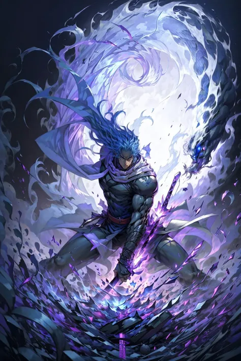 1boy, weapon_focus , solo, black cape,
sword_guard_stance ,
blue hair, long hair, scarf, planted swords , panther ,
masterpiece, best quality, 8k, from side , depth of field , incoming_attack ,
<lora:hongkong_comic_style_v1a:0.8> <lora:Susanoo:0.8> susanoo,