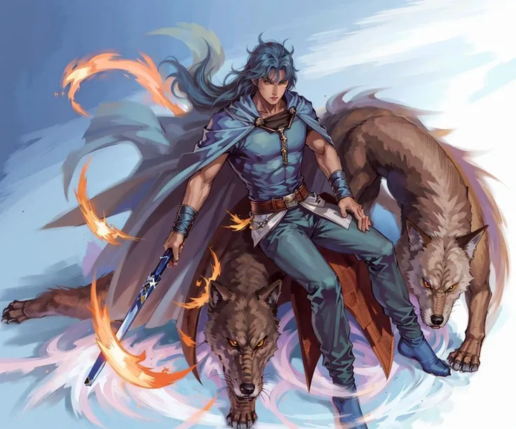 Fenrir human form, I generally have midnight black hair and piercing blue eyes. My skin is tanned and my appearance could be described as rugged. My attire is usually chosen to fit the context in which I am interacting with humans. In some instances, my attire may appear primitive or archaic, while in other instances I may present as a sophisticated and well-dressed individual. Handsome male, standing with wolves