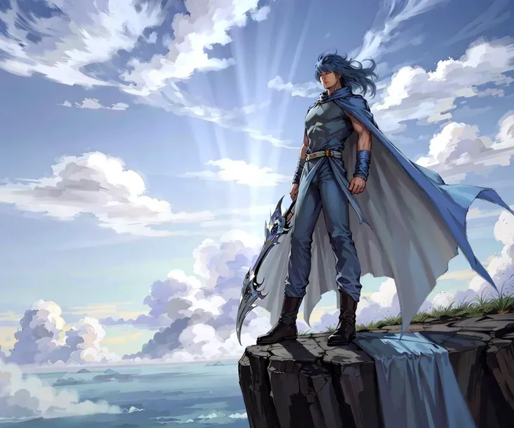 1boy, male focus, solo, cape, bear, blue hair, long hair, cloud, wind, white cape,
masterpiece, best quality, 8k