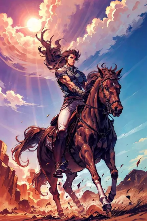 horse, 1boy, riding, male focus, desert, horseback riding, long hair, solo, brown hair, manly, wind, saddle masterpiece, best quality, 8k <lora:hongkong_comic_style_v1a:0.8>