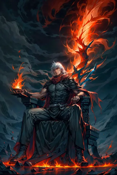 1boy, male focus, solo, black cape,sitting,
white hair, long hair,red scarf,wind,fire,stone throne,lava,multiple swords in ground,thinkers pose,
masterpiece, best quality, 8k,from below,
<lora:hongkong_comic_style_v1a:0.8> <lora:ElementalMagicAIv2:0.3> fireMagicAI,