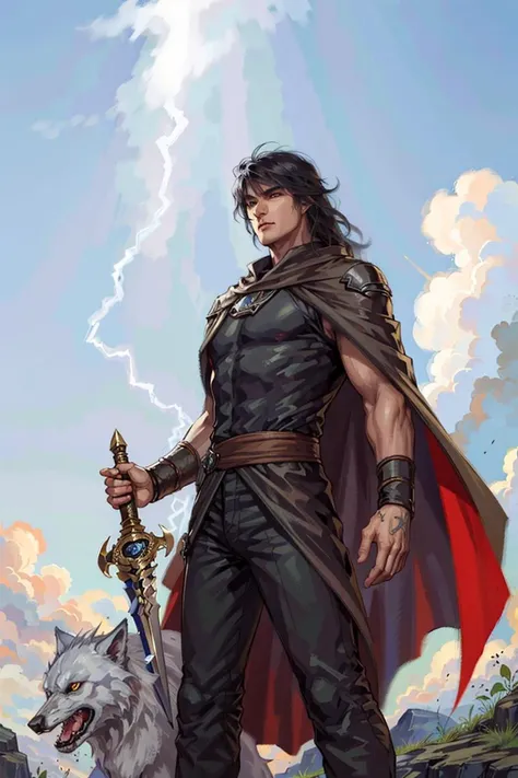 1boy, male focus, sword, weapon, solo, cape, wolf, tattoo, long hair, black hair, lightning,
masterpiece, best quality, 8k