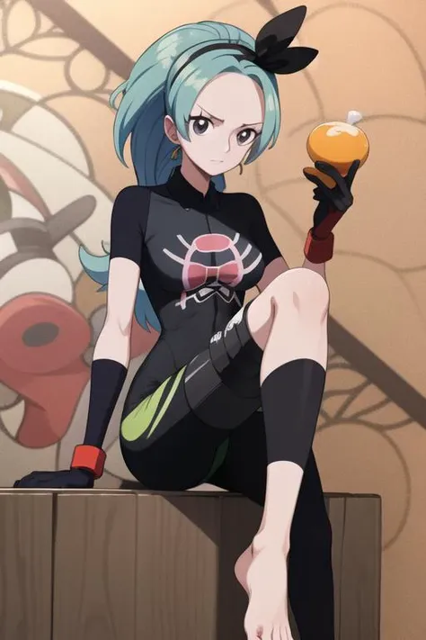 , (masterpiece, best quality), intricate details, 1girl, solo, <lora:SaitouV1:0.8> bea \(pokemon\), bow hairband, print shirt, tied shirt, black bodysuit, bodysuit under clothes, single glove, print shorts, knee pads, barefoot, cowboy shot, looking at viewer
<lora:Nefertari_Vivi2:1>
