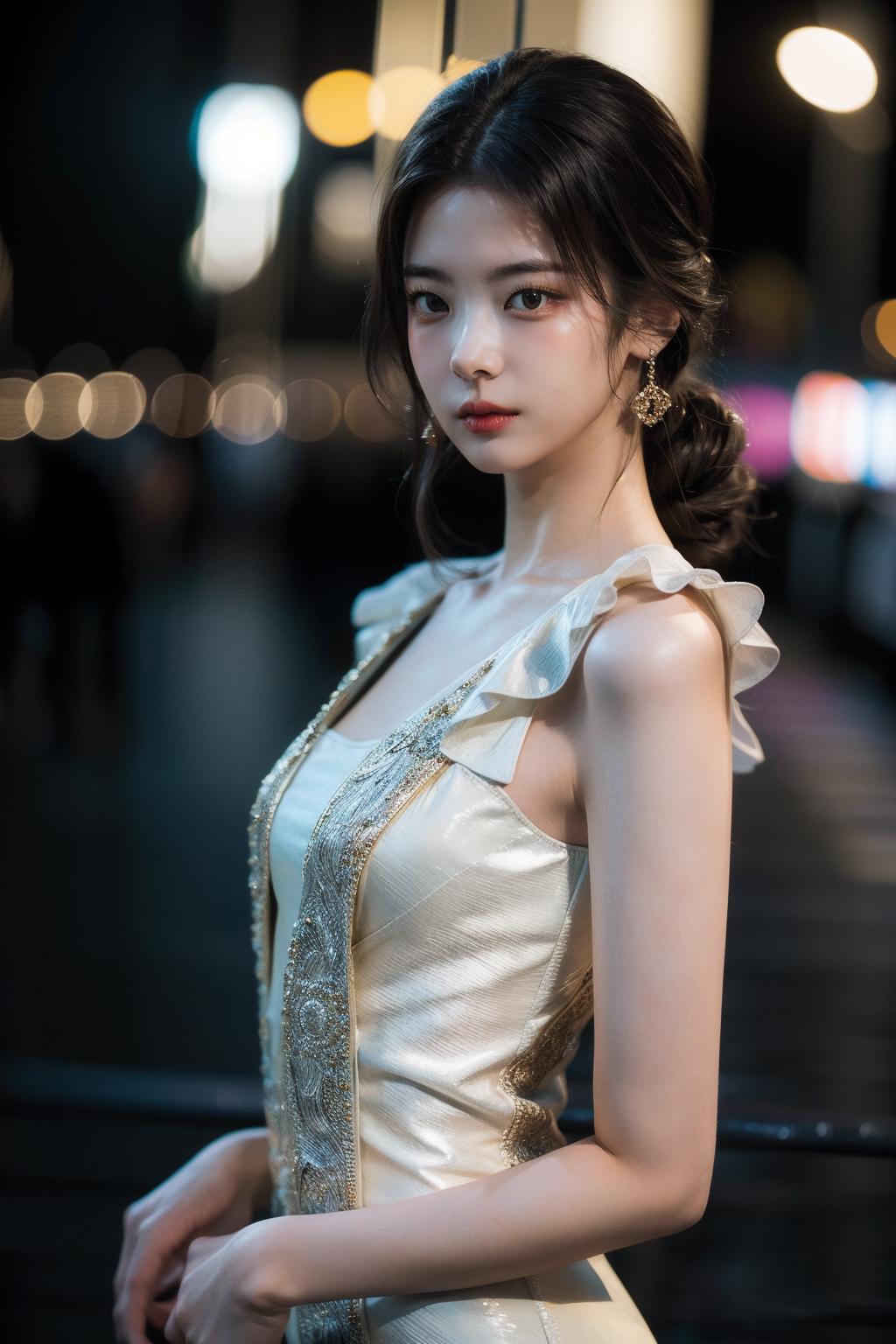 A woman in a white dress standing on a street at night - SeaArt AI