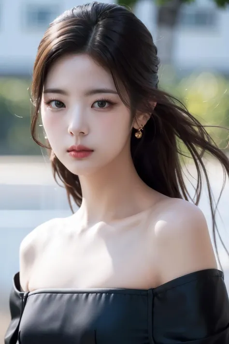 Best quality, masterpiece, ultra high res, (photorealistic:1.4), raw photo,1girl, solo, realistic, looking at viewer, close-up,simple background, black dress, off shoulder