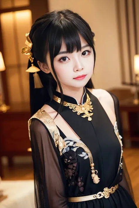 <lora:joulin:0.8>, 1girl, solo, chinese girl, realistic, photography, photorealistic, looking at viewer, blurry background, black hair, necklace, solo focus, long hair, china dress, indoor, living room, cinematic lighting, depth of field