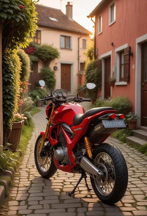 (medium full shot) of a red sport motorbike, with tubeless wheels wheels, ergonomic seat seat, equipped with a bike computer,  ridden by a old woman in  a quiet village lane with quaint houses, gardens, picket fences, during sunset, Masterpiece,best quality, photo, realistic, very aesthetic,