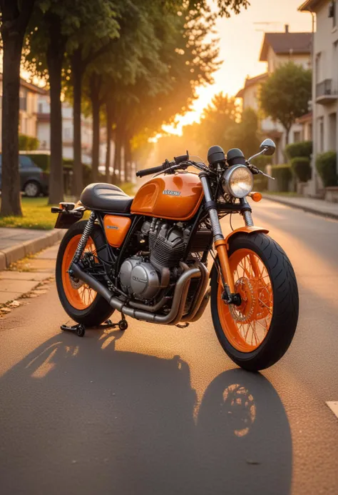 (medium full shot) of a orange standard motorbike, with tubeless wheels wheels, racing seat seat, equipped with heated grips,  ridden by a old woman in  a quiet residential street lined with trees and parked cars, during sunset, Masterpiece,best quality, photo, realistic, very aesthetic,