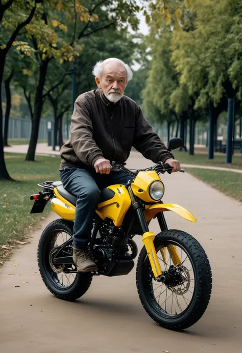 (medium full shot) of a yellow dual-sport motorbike, with carbon fiber wheels wheels, padded seat seat, equipped with a bike computer,  ridden by a old man in  a modern park with cycling tracks, exercise equipment, playgrounds, ,Masterpiece,best quality, raw photo, realistic, very aesthetic, dark