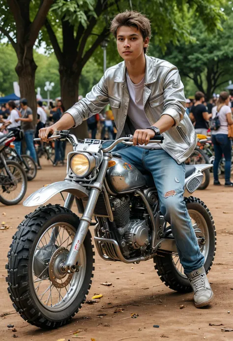 (medium full shot) of a silver dirt bike motorbike, with spoke wheels wheels, ergonomic seat seat, equipped with a bike computer, ridden by a young man in an urban park with art installations, food stalls, musicians playing, ,Masterpiece,best quality, photo, realistic, very aesthetic,