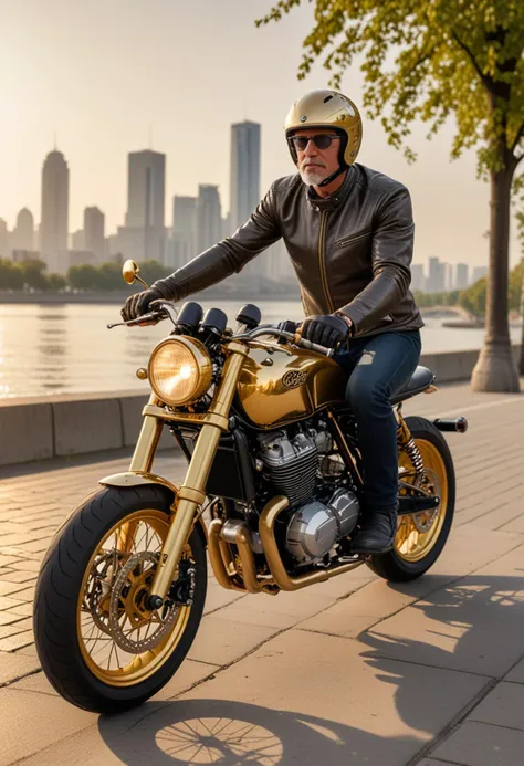 (medium full shot) of a gold cafe racer motorbike, with carbon fiber wheels wheels, racing seat seat, with a Bluetooth communicator,  ridden by a middle-aged man in  a scenic riverside promenade with bikeways and views of the skyline, in the morning, Masterpiece,best quality, photo, realistic, very aesthetic,