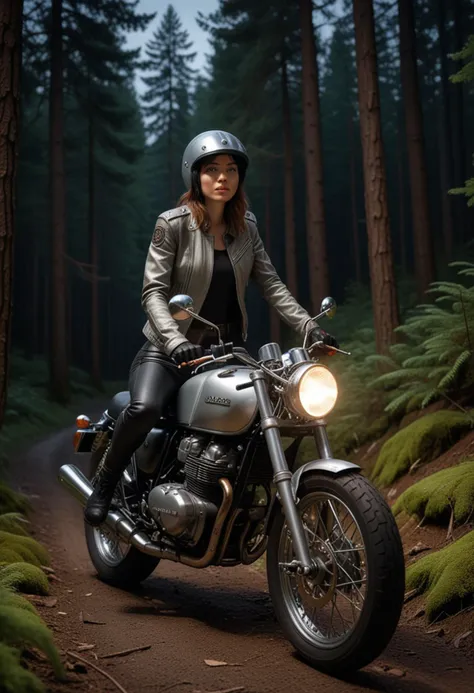 (medium full shot) of a silver cafe racer motorbike, with alloy wheels wheels, gel seat seat, with saddlebags,  ridden by a adult woman in  a forested mountain path with tall pines, mossy ground, cool shade, at night, Masterpiece,best quality, photo, realistic, very aesthetic,