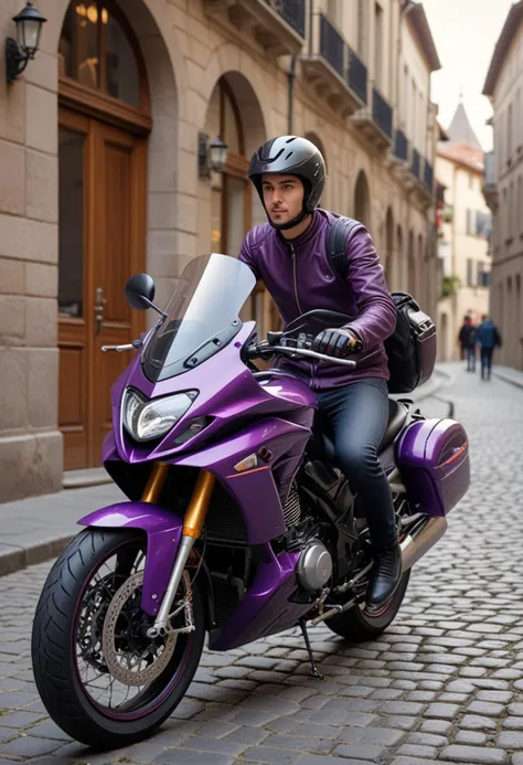 (medium full shot) of a purple touring motorbike, with carbon fiber wheels wheels, padded seat seat, equipped with a bike computer,  ridden by a young man in  a historic city center with cobblestone streets, old buildings, monuments, in the morning, Masterpiece,best quality, photo, realistic, very aesthetic,