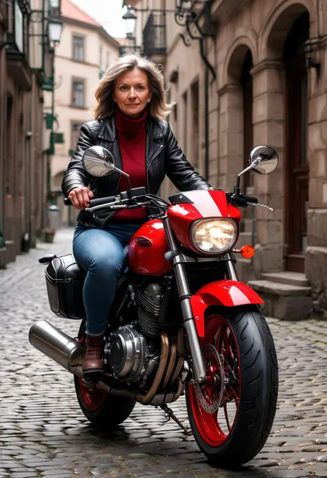 (medium full shot) of a red sport motorbike, with spoke wheels wheels, leather seat seat, equipped with heated grips,  ridden by a middle-aged woman in  a historic city center with cobblestone streets, old buildings, monuments, ,Masterpiece,best quality, raw photo, realistic, very aesthetic