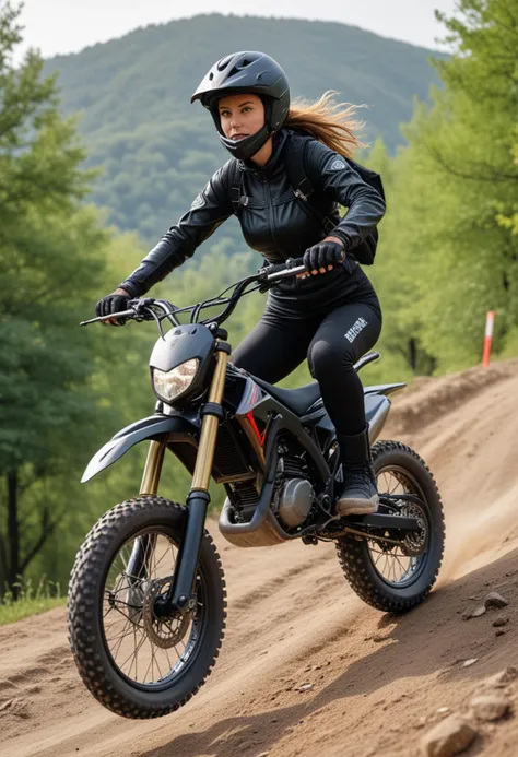 (medium full shot) of a black sport motorbike, with alloy wheels wheels, padded seat seat, equipped with a bike computer, ridden by a middle-aged woman in a mountain biking park with jumps, ramps, challenging courses, Masterpiece,best quality, photo, realistic, very aesthetic,