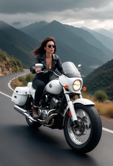 (medium full shot) of a white cruiser motorbike, with mag wheels wheels, leather seat seat, with frame sliders, ridden by a middle-aged woman in a high-altitude road with sharp turns, sheer drops, panoramic vistas, ,Masterpiece,best quality, raw photo, realistic, very aesthetic, dark