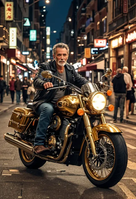 (medium full shot) of a gold touring motorbike, with tubeless wheels wheels, leather seat seat, equipped with heated grips,  ridden by a middle-aged man in  a vibrant downtown area with shops, cafes, street performers, at night, ,Masterpiece,best quality, photo, realistic, very aesthetic