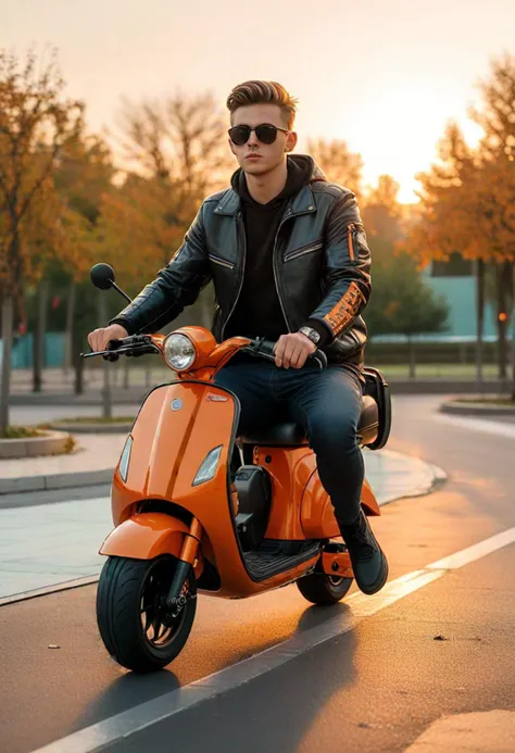 (medium full shot) of a orange scooter motorbike, with spoke wheels wheels, gel seat seat, with a Bluetooth communicator, ridden by a adult man in a modern park with cycling tracks, exercise equipment, playgrounds, during sunset, ,Masterpiece,best quality, photo, realistic, very aesthetic