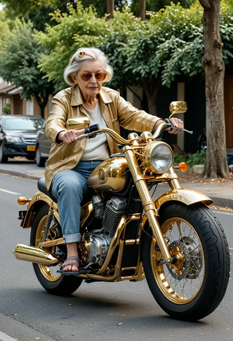 (medium full shot) of a gold cruiser motorbike, with tubeless wheels wheels, racing seat seat, with a Bluetooth communicator,  ridden by a old woman in  a quiet residential street lined with trees and parked cars, ,Masterpiece,best quality, photo, realistic, very aesthetic,