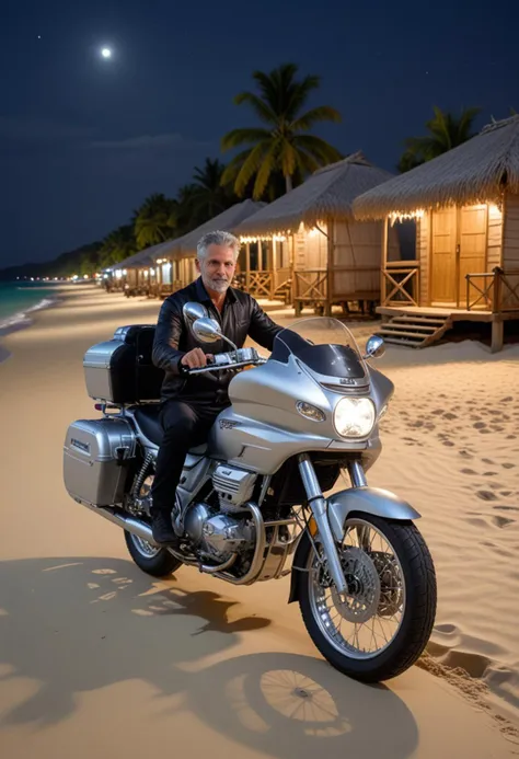 (medium full shot) of a silver touring motorbike, with spoke wheels wheels, gel seat seat, with saddlebags,  ridden by a adult man in  a tropical beach with white sand, clear water, beach huts , at night, Masterpiece,best quality, photo, realistic, very aesthetic,