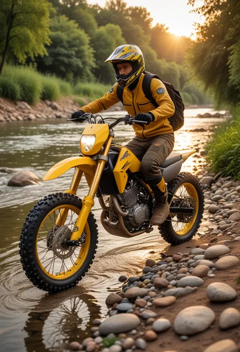 (medium full shot) of a yellow dirt bike motorbike, with carbon fiber wheels wheels, leather seat seat, equipped with a bike computer,  ridden by a middle-aged man in  a riverside path with clear water, stones, lush greenery, during sunset, Masterpiece,best quality, photo, realistic, very aesthetic,