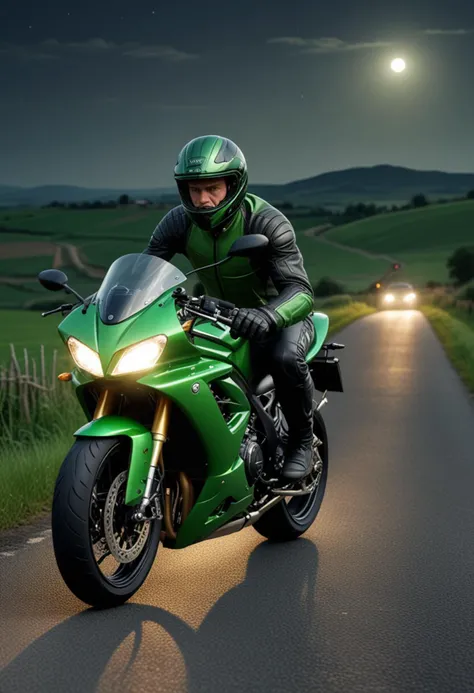 (medium full shot) of a green sport motorbike, with spoke wheels wheels, racing seat seat, with frame sliders,  ridden by a middle-aged man in  a winding country road with open fields, farms, distant hills, at night, Masterpiece,best quality, photo, realistic, very aesthetic,