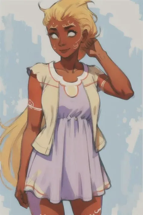 Sol, wearing summer dress, casual