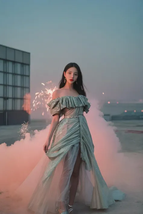 a fashion lookbook portrait of a female fashion model wearing haute couture, experimental, shot on kodak professional medium format film, liminal industrial background in, (smoke|fireworks:1.05), (dawn|dusk:1.05), (spring|summer:1.05), 1girl, (full body:1.4), (nsfw), vibrant, MediumAquamarine, <lora:add_detail(realistic):0.3>, <lora:am01.30:0.5>