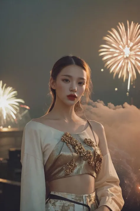 a fashion lookbook portrait of a female fashion model wearing haute couture, experimental, shot on kodak professional medium format film, liminal industrial background in, (smoke|fireworks:1.05), (dawn|dusk:1.05), (spring|summer:1.05), 1girl, (upper body:1.4), (nsfw), vibrant, PaleGoldenrod, <lora:add_detail(realistic):0.3>, <lora:am01.30:0.5>