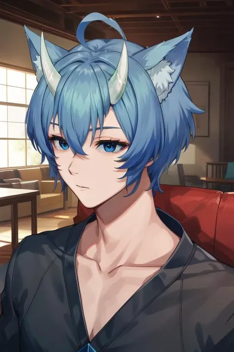 masterpiece, best quality, highres, ultra-detailed, semi-realistic, male focus, anime, (1boy, blue hair, blue eyes, white horns, wolf ears, pectoral cleavage, collarbone), resting on the couch, indoor, front view, <lora:1651296760419354075:0.7>, <lora:more_details:0.3>