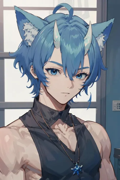 masterpiece, best quality, highres, ultra-detailed, detailed lights and shadow, male focus, 18 years old boy, completely nude male, muscular male, fair skin, (Frost, 1boy, light blue hair, light blue eyes, white horns, wolf ears), sleeveless black shirt, necklace, <lora:FrostV2:0.6>